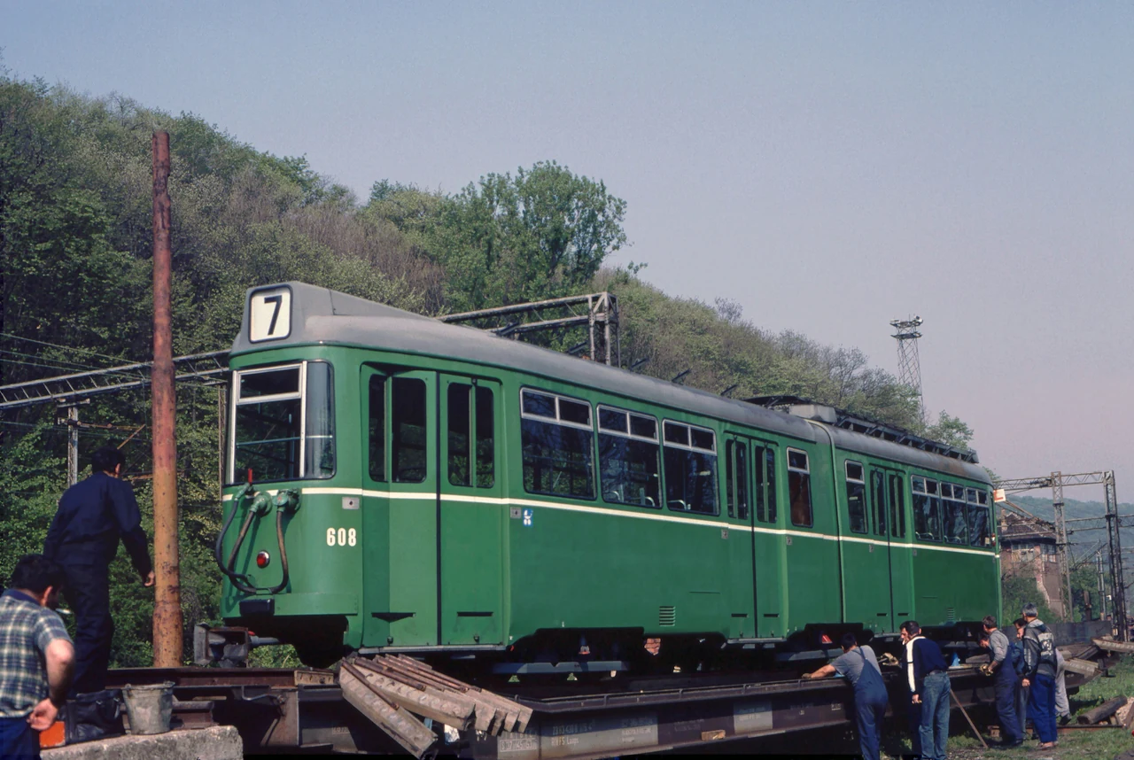 An articulated tram on the tracks.
