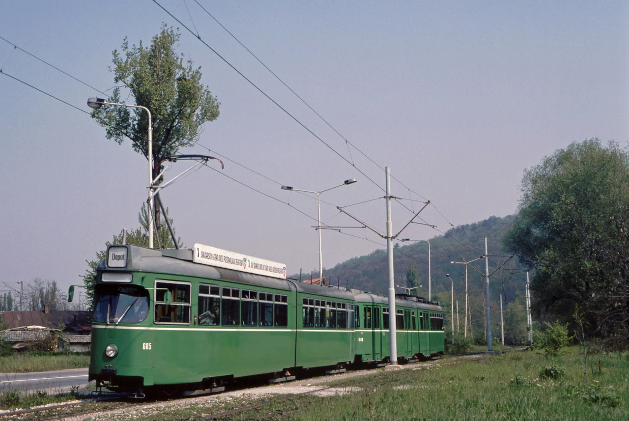 Tram and trailer on a curve.