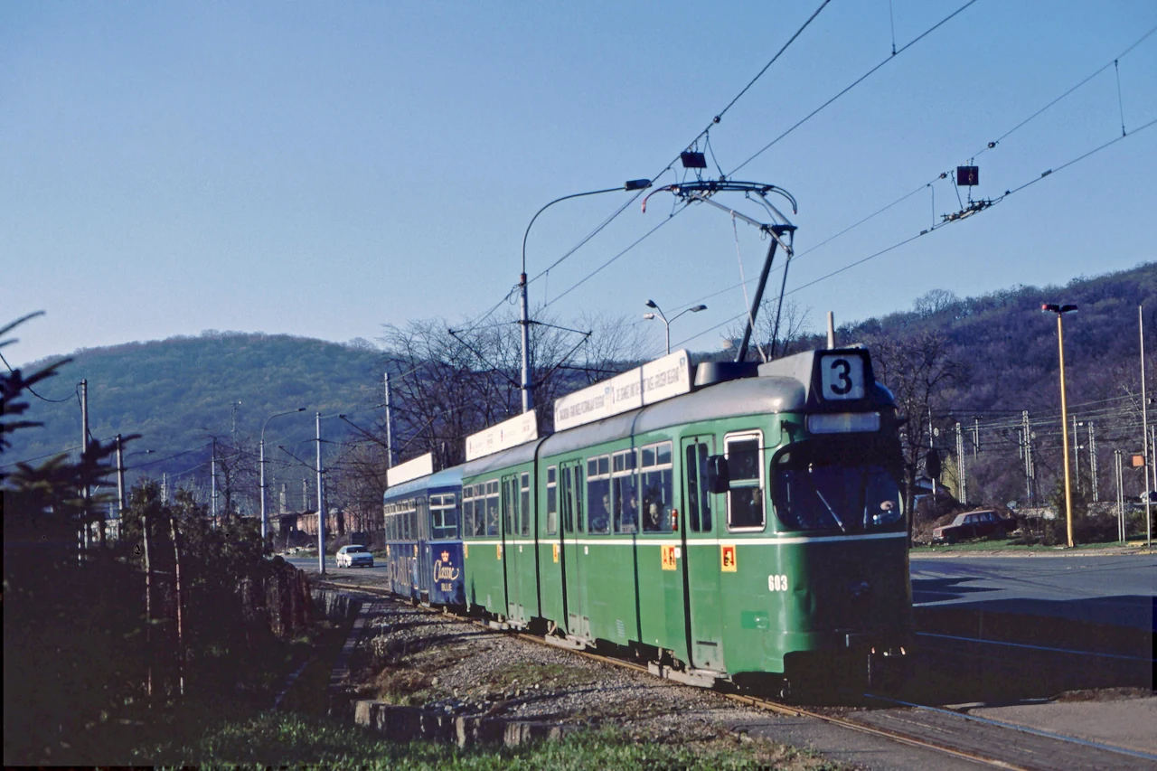 Tram, curved track and overhead wires.